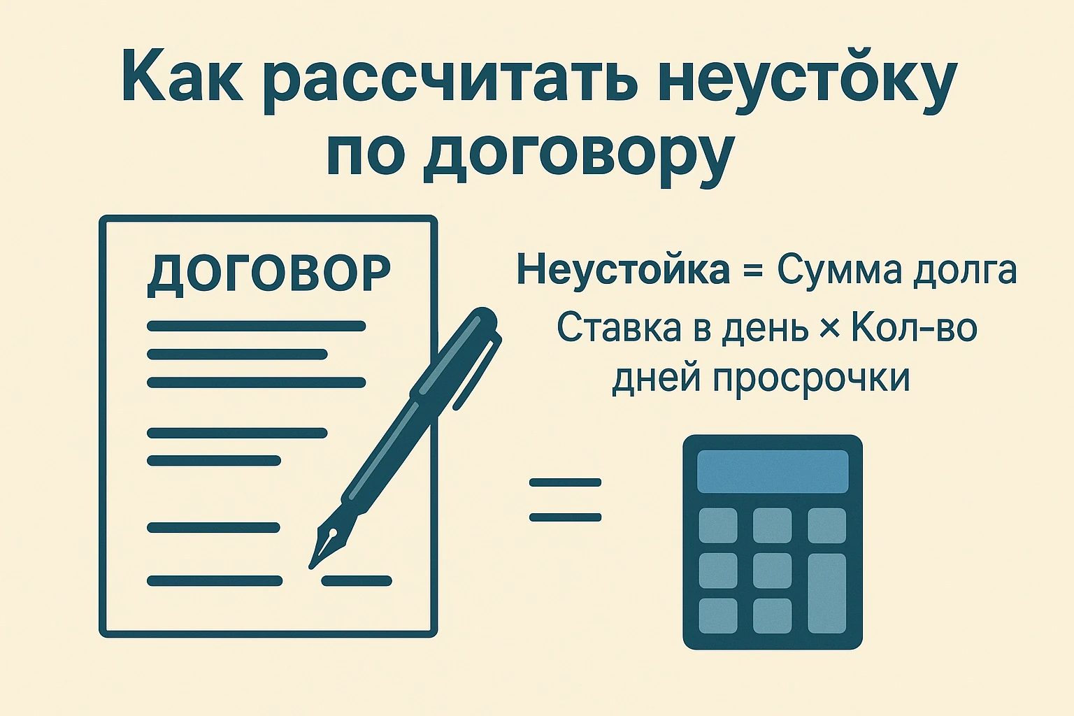 Формула расчёта неустойки по договору с изображением документа и калькулятора